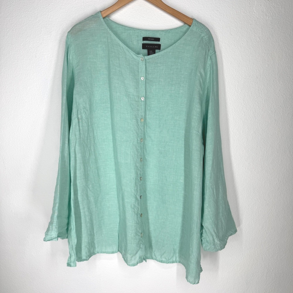 Tahari Womens 3X Mint Green 100% Linen Button Down Roll Tab Sleeve Blouse Top